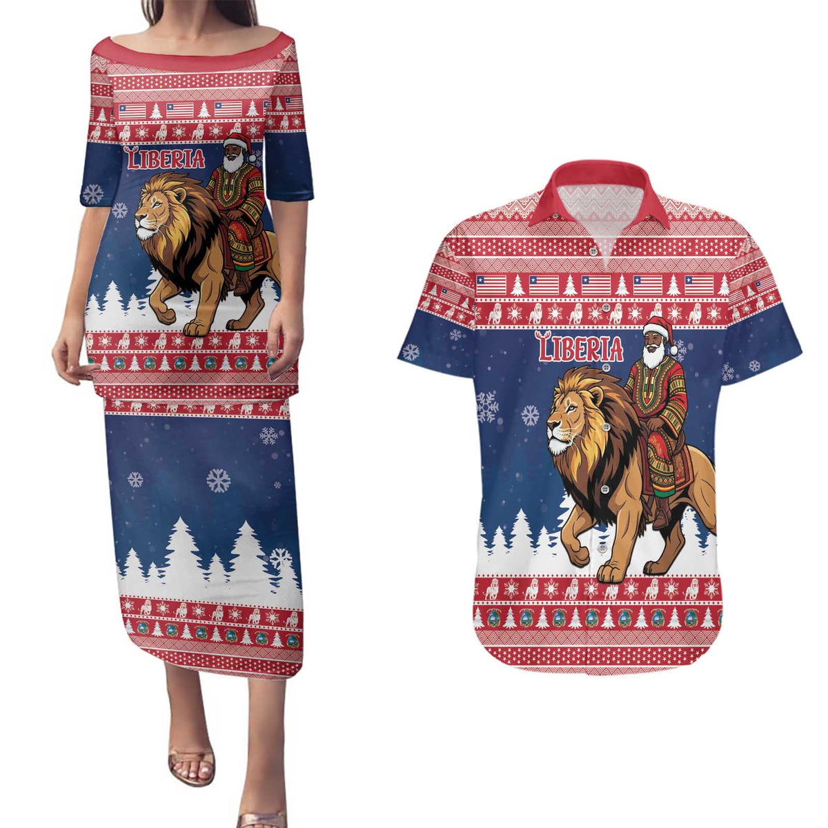 Personalized Liberia Christmas Couples Matching Puletasi and Hawaiian Shirt Black Santa Riding Lion - Merry Christmas - Wonder Print Shop