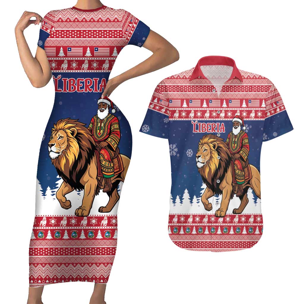 Personalized Liberia Christmas Couples Matching Short Sleeve Bodycon Dress and Hawaiian Shirt Black Santa Riding Lion - Merry Christmas - Wonder Print Shop