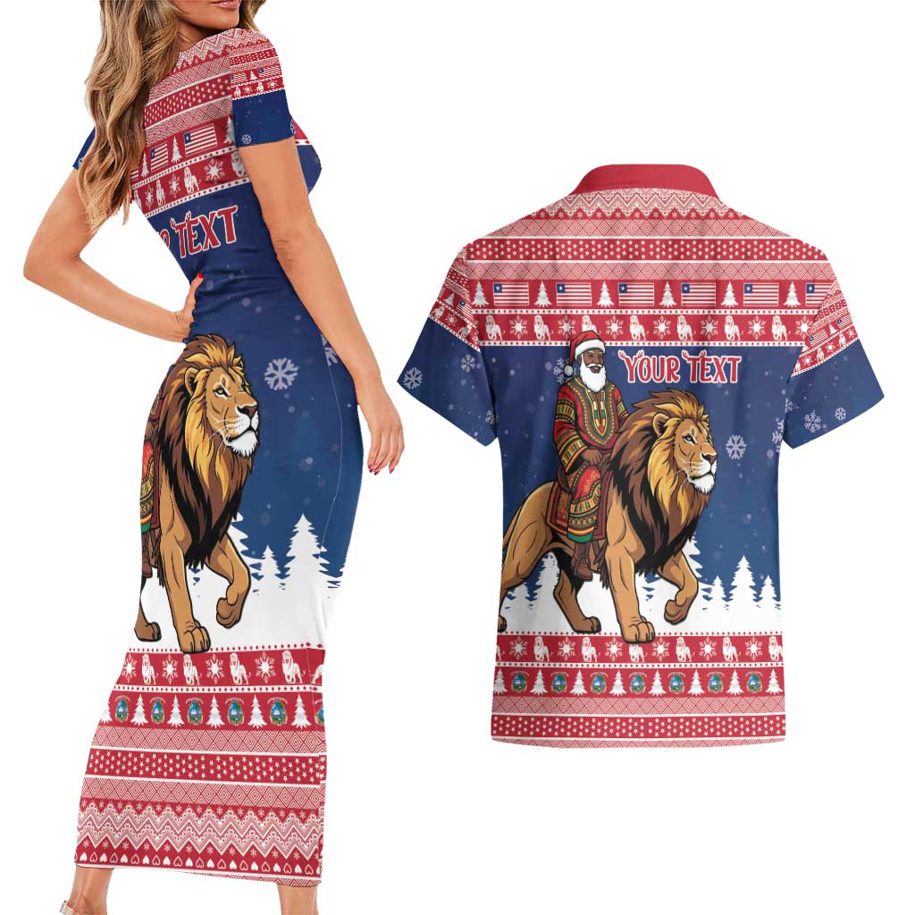 Personalized Liberia Christmas Couples Matching Short Sleeve Bodycon Dress and Hawaiian Shirt Black Santa Riding Lion - Merry Christmas - Wonder Print Shop