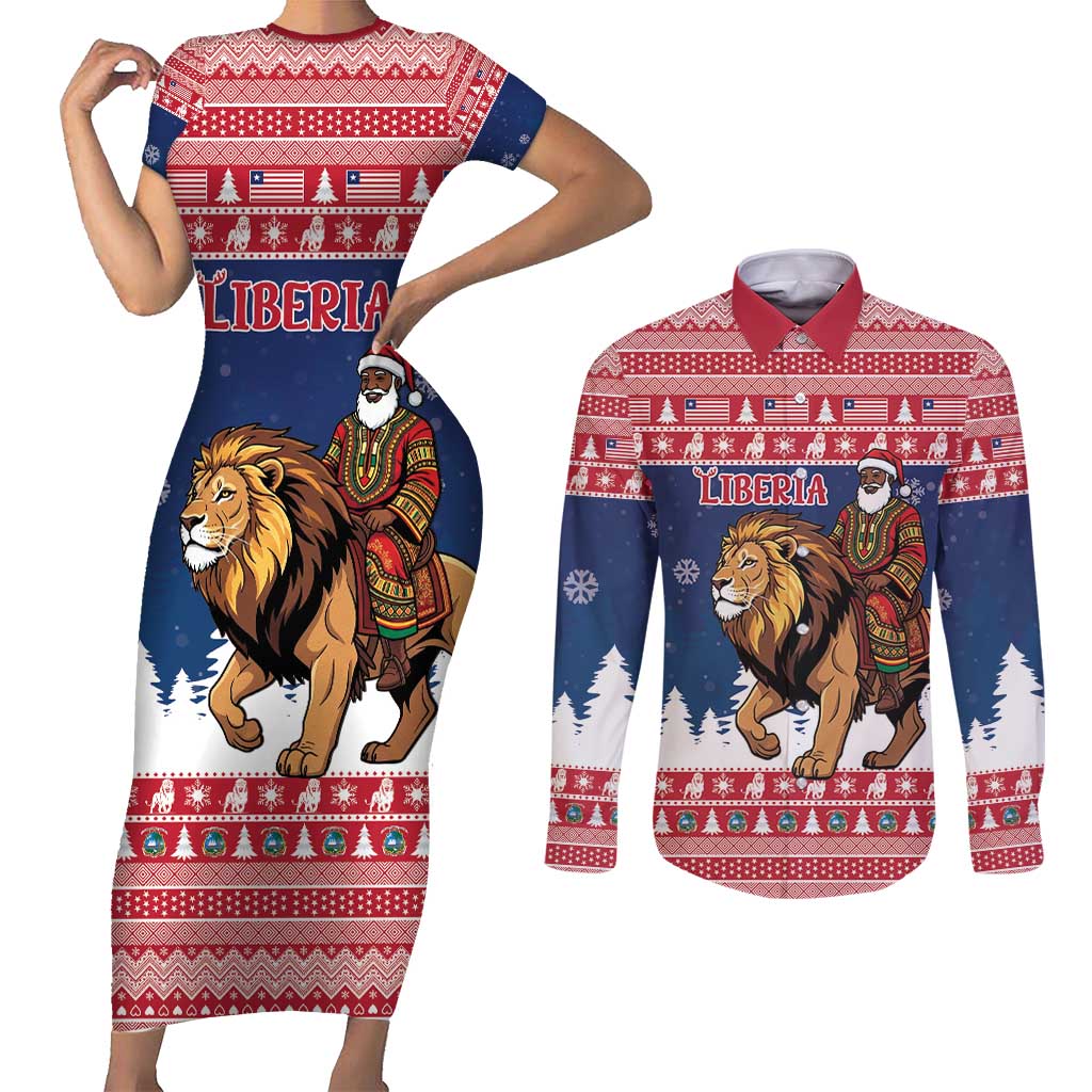 Personalized Liberia Christmas Couples Matching Short Sleeve Bodycon Dress and Long Sleeve Button Shirt Black Santa Riding Lion - Merry Christmas - Wonder Print Shop