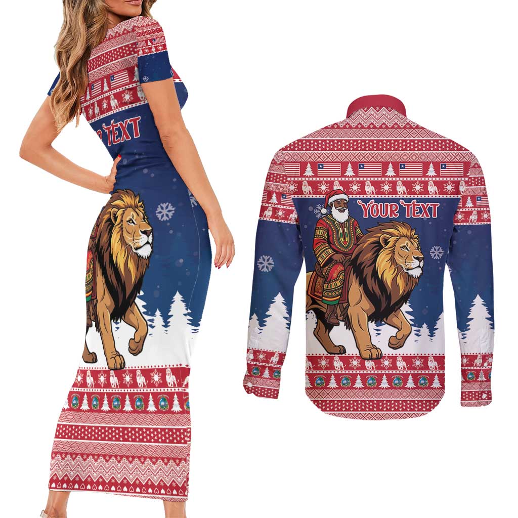 Personalized Liberia Christmas Couples Matching Short Sleeve Bodycon Dress and Long Sleeve Button Shirt Black Santa Riding Lion - Merry Christmas - Wonder Print Shop