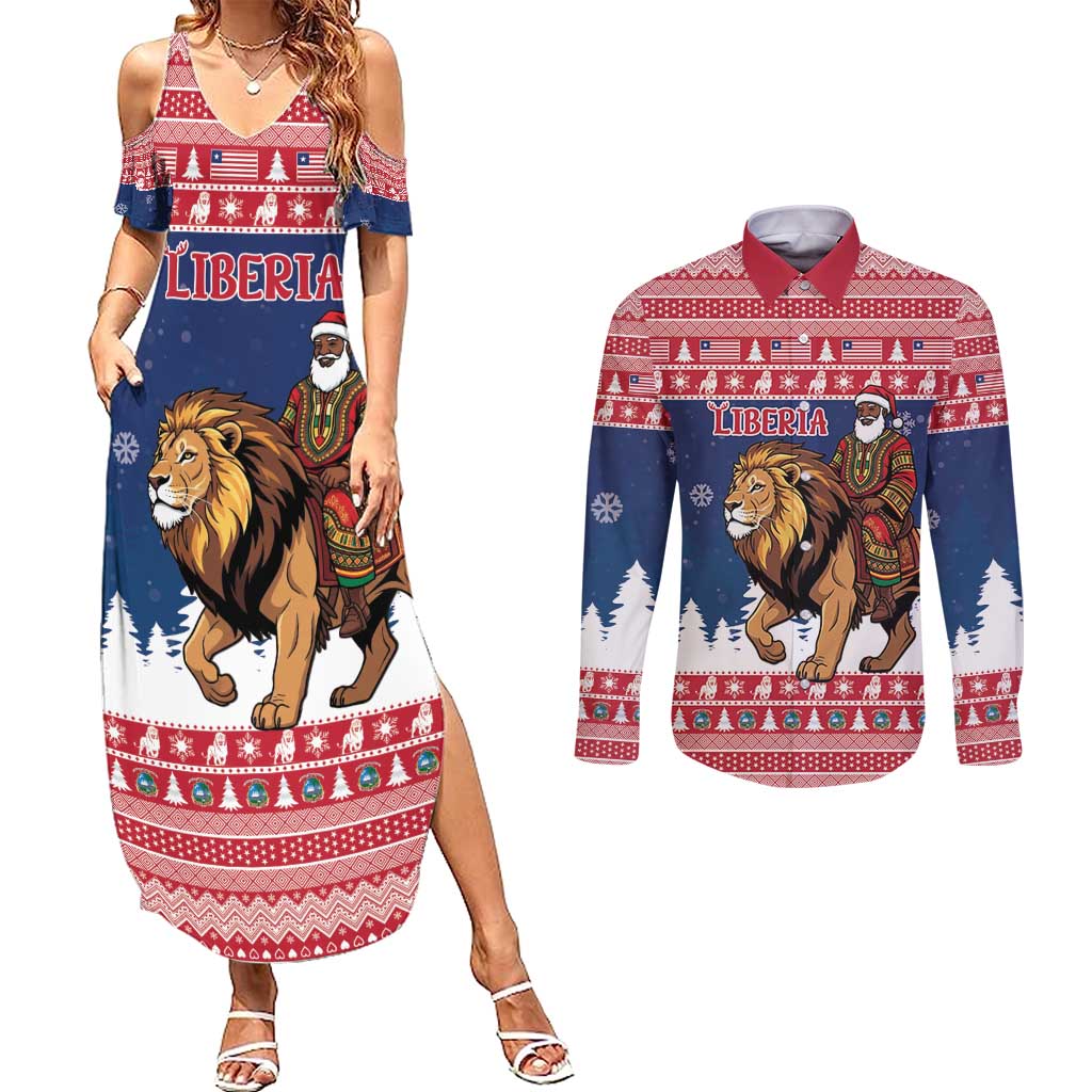 Personalized Liberia Christmas Couples Matching Summer Maxi Dress and Long Sleeve Button Shirt Black Santa Riding Lion - Merry Christmas - Wonder Print Shop