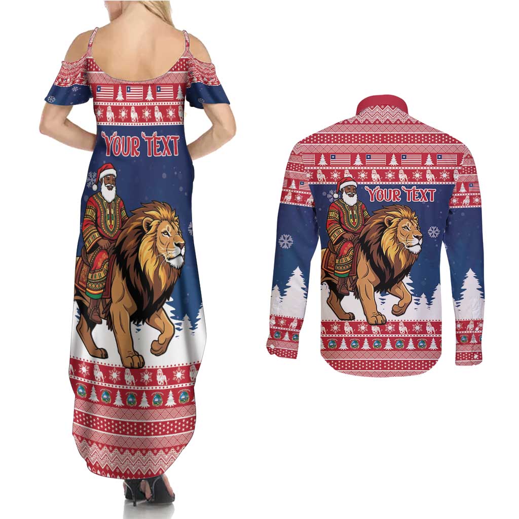 Personalized Liberia Christmas Couples Matching Summer Maxi Dress and Long Sleeve Button Shirt Black Santa Riding Lion - Merry Christmas - Wonder Print Shop