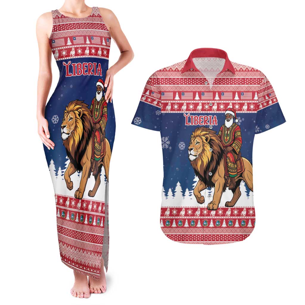 Personalized Liberia Christmas Couples Matching Tank Maxi Dress and Hawaiian Shirt Black Santa Riding Lion - Merry Christmas - Wonder Print Shop