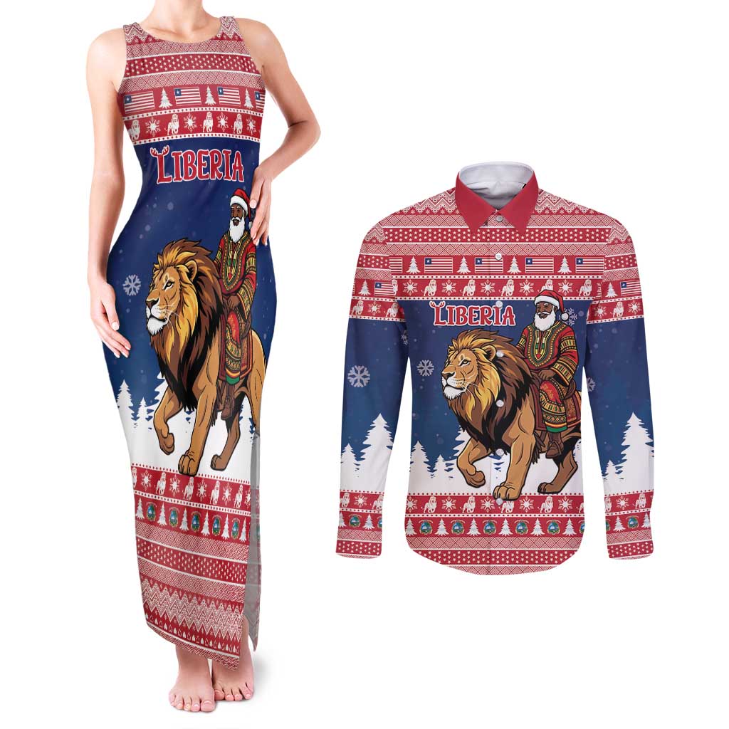 Personalized Liberia Christmas Couples Matching Tank Maxi Dress and Long Sleeve Button Shirt Black Santa Riding Lion - Merry Christmas - Wonder Print Shop