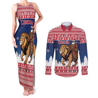 Personalized Liberia Christmas Couples Matching Tank Maxi Dress and Long Sleeve Button Shirt Black Santa Riding Lion - Merry Christmas - Wonder Print Shop
