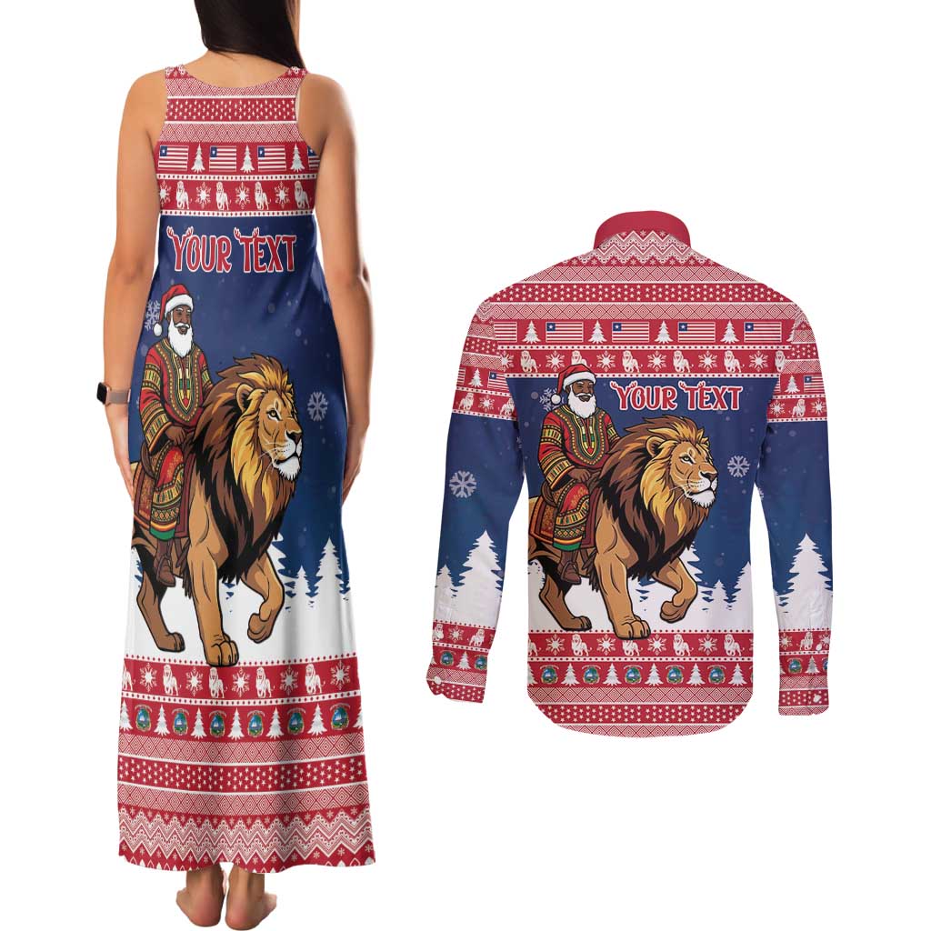 Personalized Liberia Christmas Couples Matching Tank Maxi Dress and Long Sleeve Button Shirt Black Santa Riding Lion - Merry Christmas - Wonder Print Shop