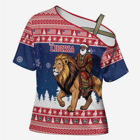 Personalized Liberia Christmas Cross Shoulder Shirt Black Santa Riding Lion - Merry Christmas - Wonder Print Shop