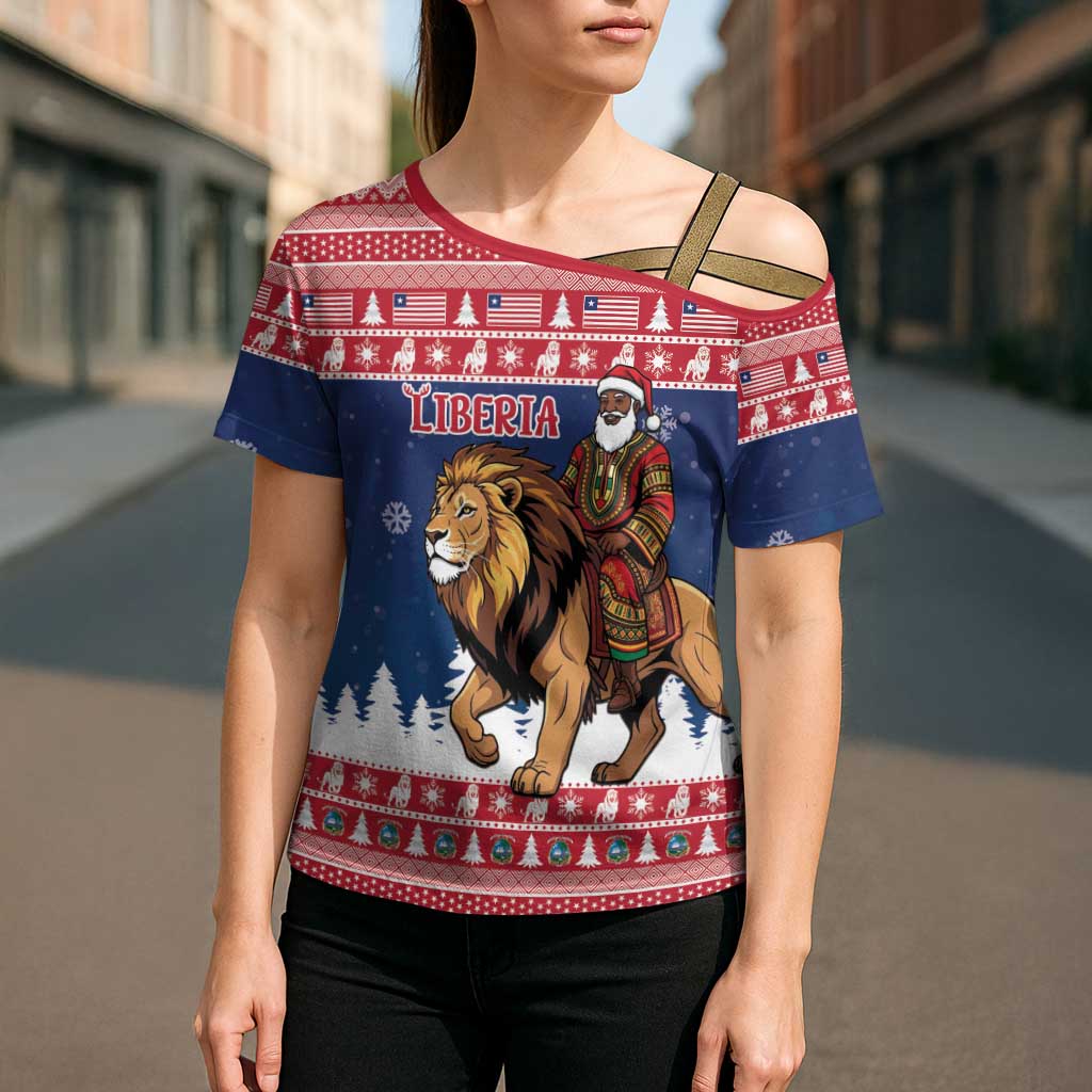 Personalized Liberia Christmas Cross Shoulder Shirt Black Santa Riding Lion - Merry Christmas - Wonder Print Shop