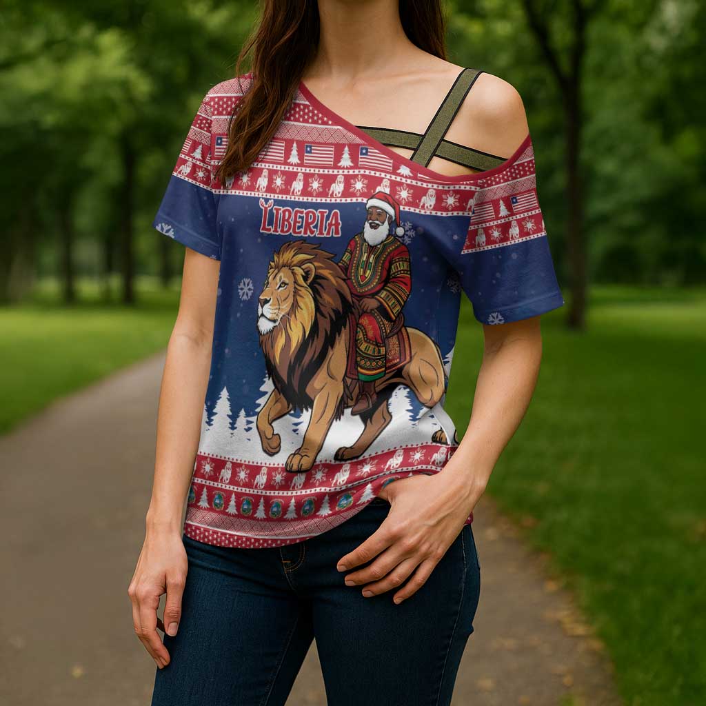 Personalized Liberia Christmas Cross Shoulder Shirt Black Santa Riding Lion - Merry Christmas - Wonder Print Shop