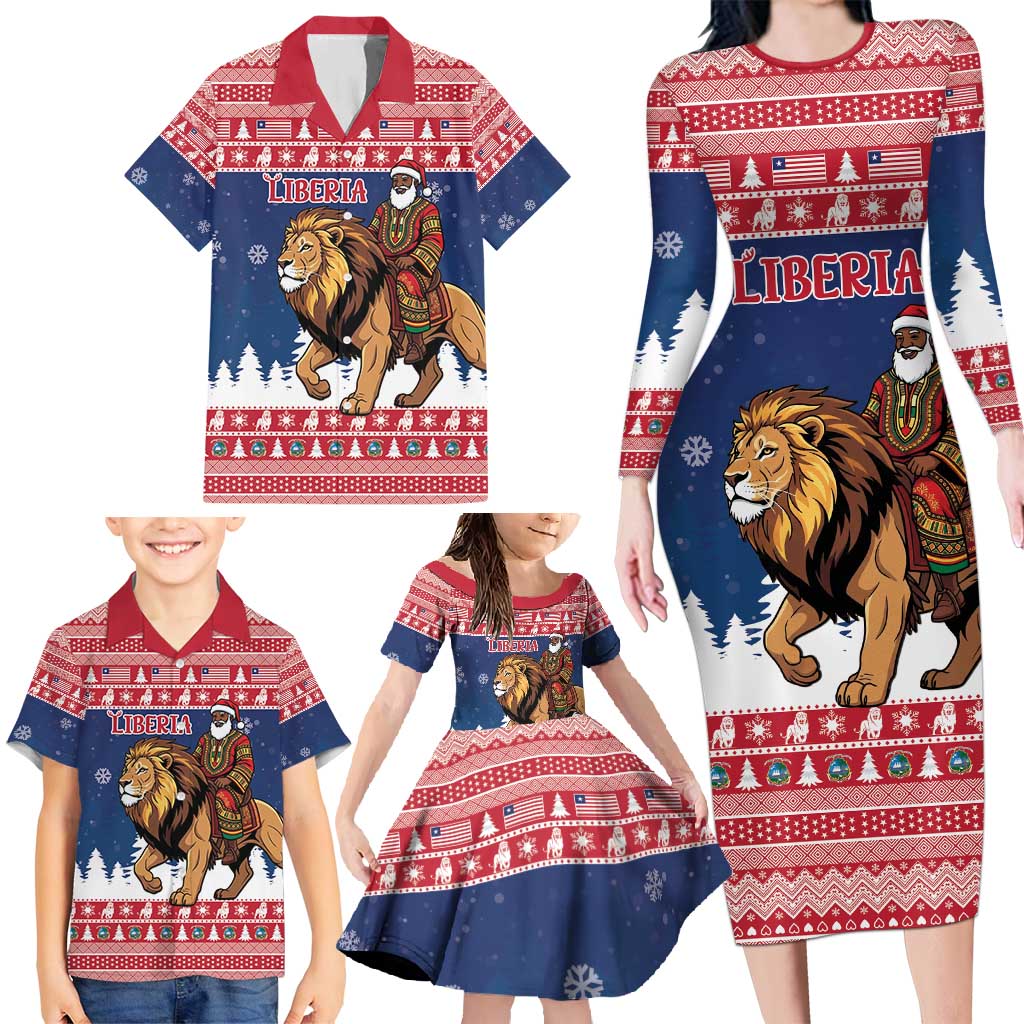 Personalized Liberia Christmas Family Matching Long Sleeve Bodycon Dress and Hawaiian Shirt Black Santa Riding Lion - Merry Christmas - Wonder Print Shop