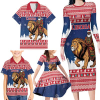 Personalized Liberia Christmas Family Matching Long Sleeve Bodycon Dress and Hawaiian Shirt Black Santa Riding Lion - Merry Christmas - Wonder Print Shop
