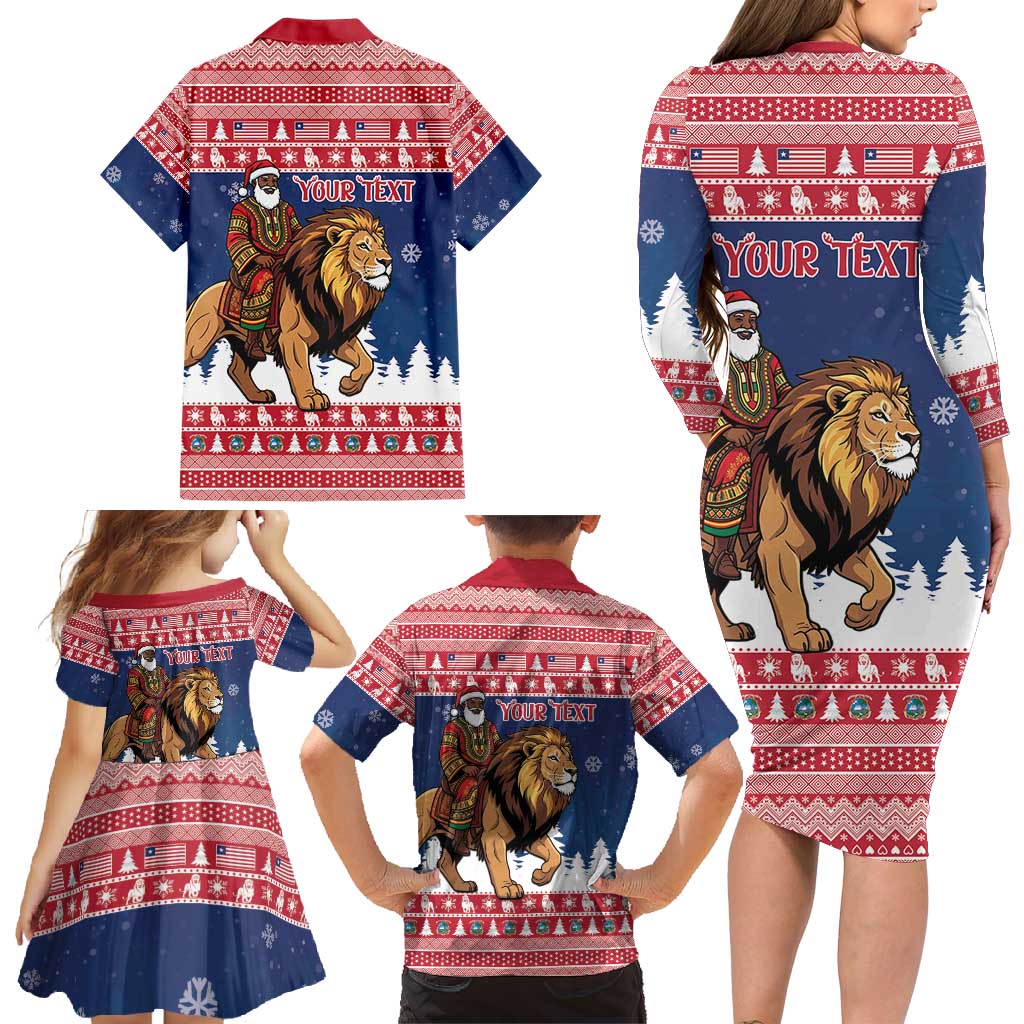 Personalized Liberia Christmas Family Matching Long Sleeve Bodycon Dress and Hawaiian Shirt Black Santa Riding Lion - Merry Christmas - Wonder Print Shop