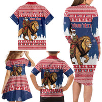 Personalized Liberia Christmas Family Matching Long Sleeve Bodycon Dress and Hawaiian Shirt Black Santa Riding Lion - Merry Christmas - Wonder Print Shop