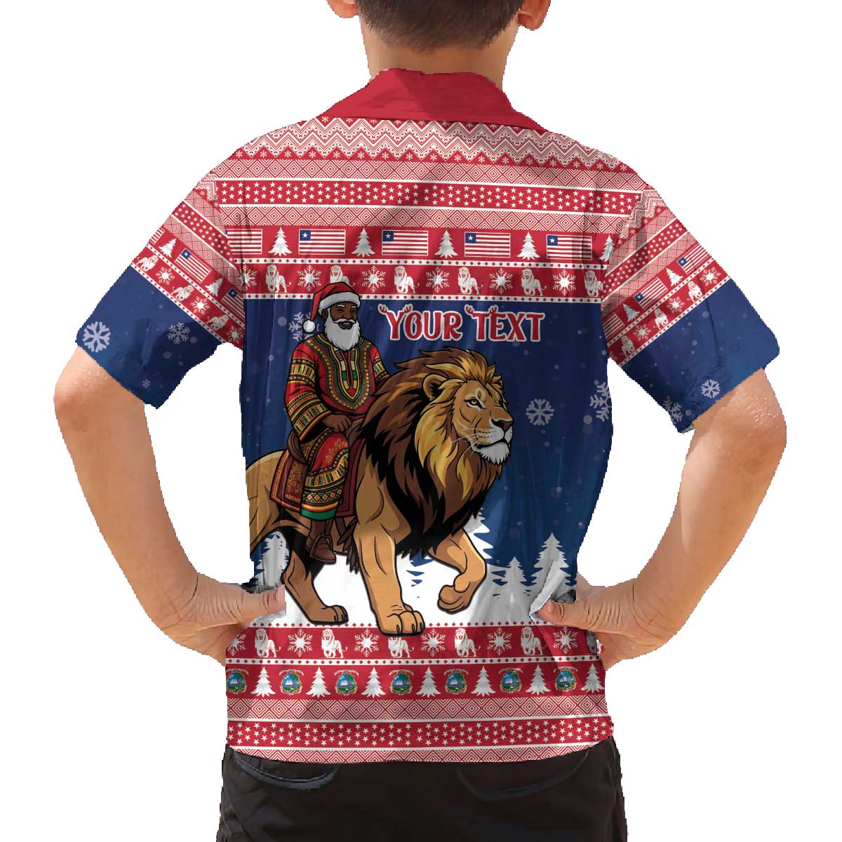 Personalized Liberia Christmas Family Matching Off The Shoulder Long Sleeve Dress and Hawaiian Shirt Black Santa Riding Lion - Merry Christmas - Wonder Print Shop