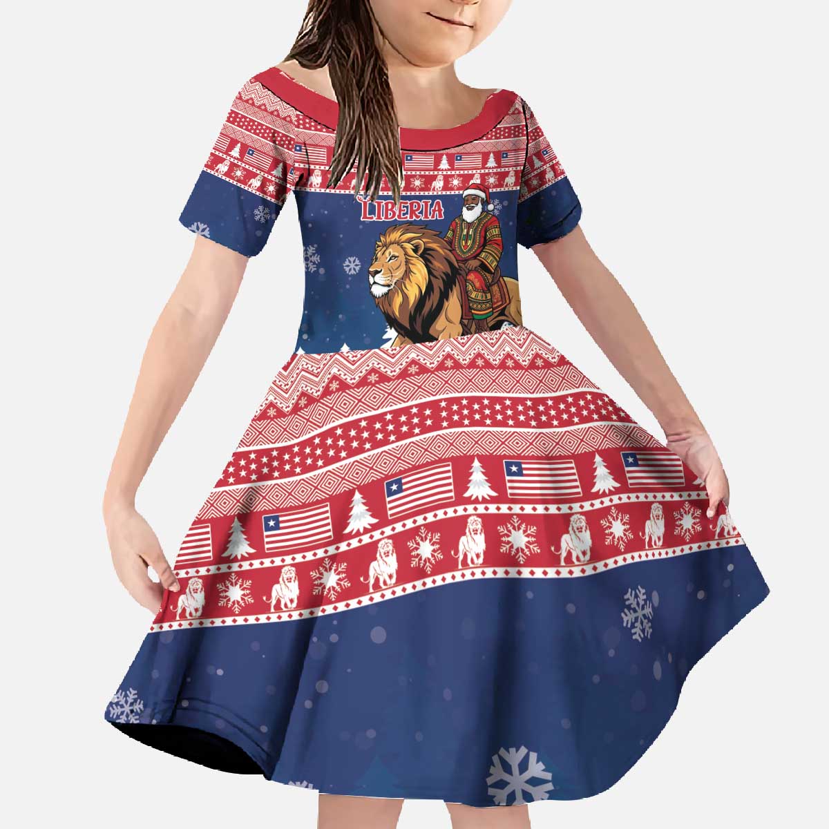 Personalized Liberia Christmas Family Matching Off The Shoulder Long Sleeve Dress and Hawaiian Shirt Black Santa Riding Lion - Merry Christmas - Wonder Print Shop