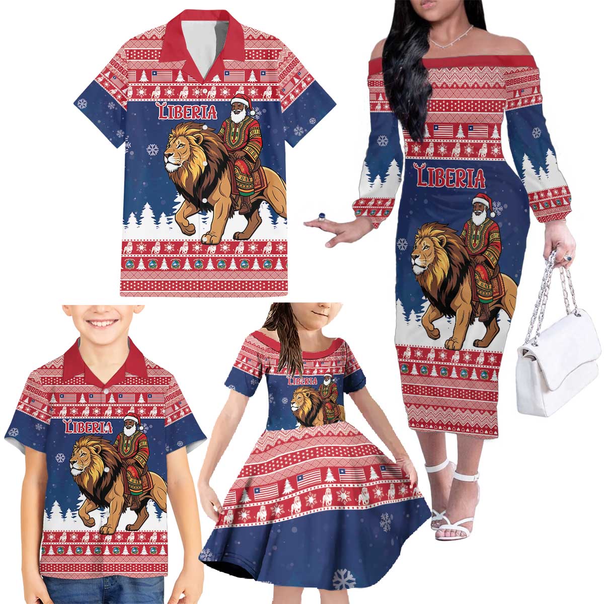 Personalized Liberia Christmas Family Matching Off The Shoulder Long Sleeve Dress and Hawaiian Shirt Black Santa Riding Lion - Merry Christmas - Wonder Print Shop