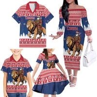 Personalized Liberia Christmas Family Matching Off The Shoulder Long Sleeve Dress and Hawaiian Shirt Black Santa Riding Lion - Merry Christmas - Wonder Print Shop