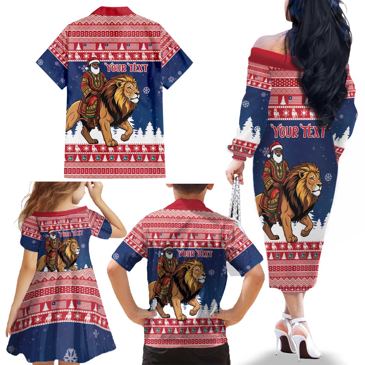 Personalized Liberia Christmas Family Matching Off The Shoulder Long Sleeve Dress and Hawaiian Shirt Black Santa Riding Lion - Merry Christmas - Wonder Print Shop