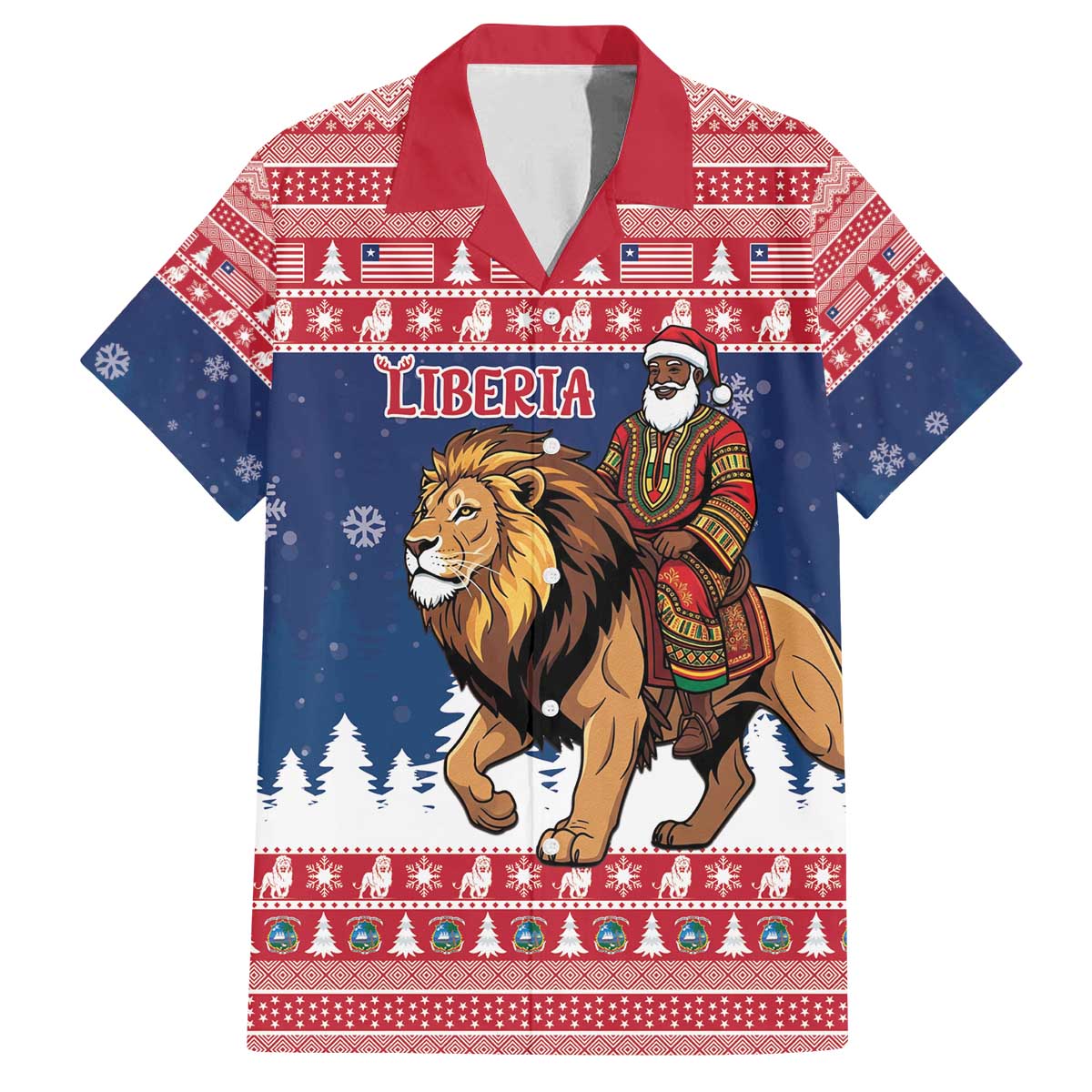 Personalized Liberia Christmas Family Matching Off The Shoulder Long Sleeve Dress and Hawaiian Shirt Black Santa Riding Lion - Merry Christmas - Wonder Print Shop