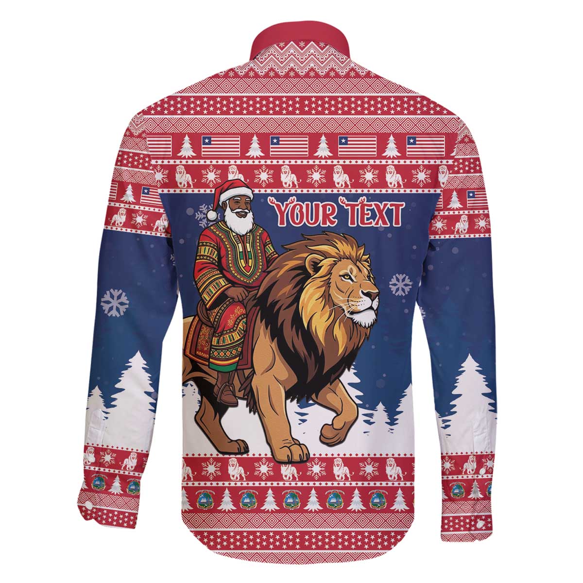 Personalized Liberia Christmas Family Matching Off The Shoulder Long Sleeve Dress and Hawaiian Shirt Black Santa Riding Lion - Merry Christmas - Wonder Print Shop