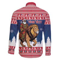 Personalized Liberia Christmas Family Matching Off The Shoulder Long Sleeve Dress and Hawaiian Shirt Black Santa Riding Lion - Merry Christmas - Wonder Print Shop