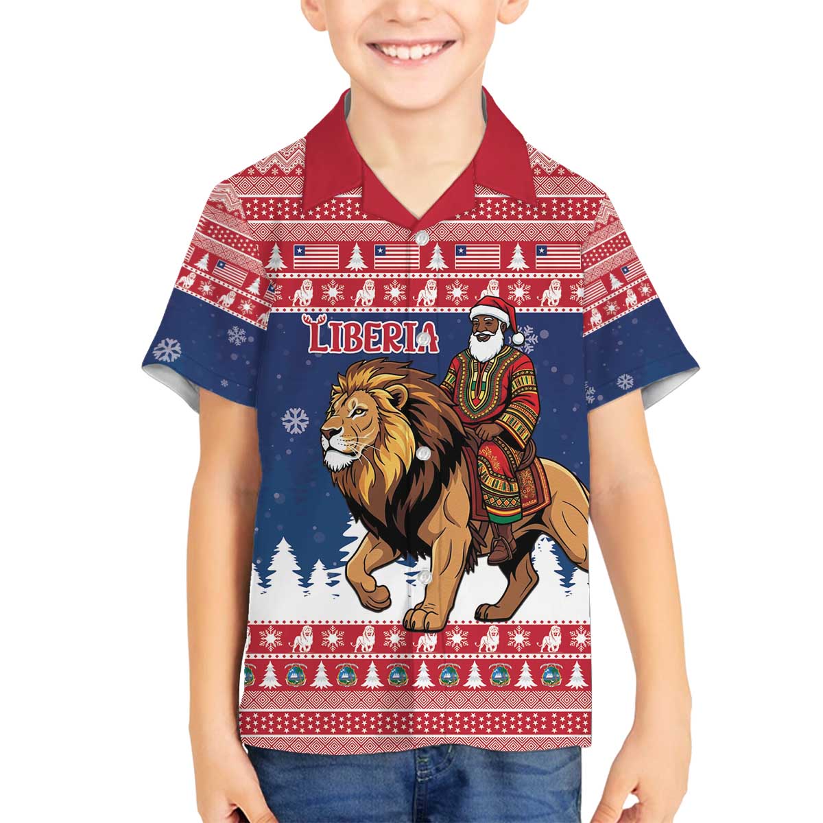 Personalized Liberia Christmas Family Matching Off The Shoulder Long Sleeve Dress and Hawaiian Shirt Black Santa Riding Lion - Merry Christmas - Wonder Print Shop