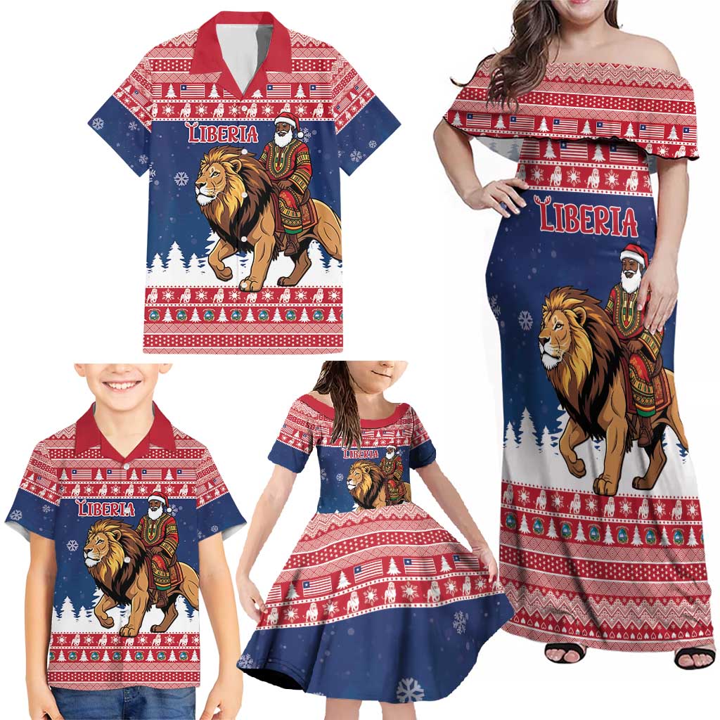 Personalized Liberia Christmas Family Matching Off Shoulder Maxi Dress and Hawaiian Shirt Black Santa Riding Lion - Merry Christmas - Wonder Print Shop