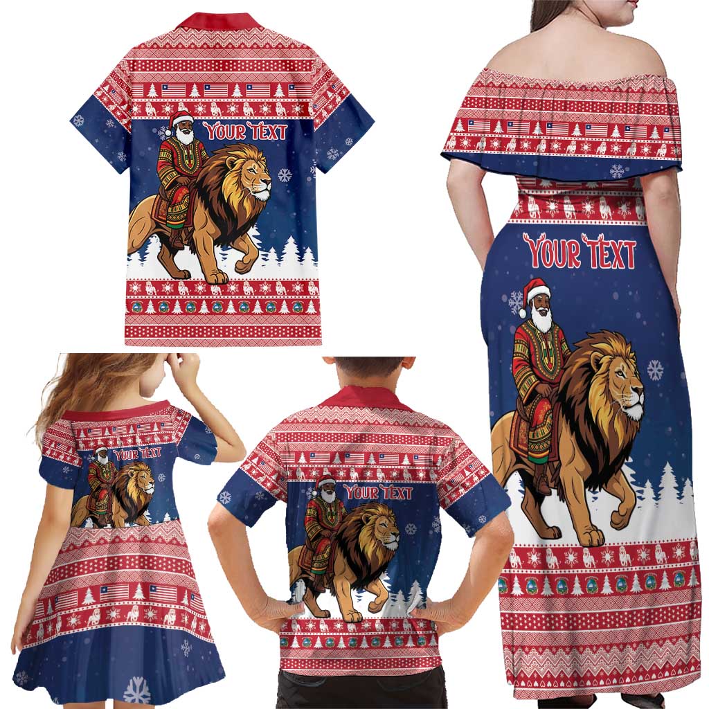 Personalized Liberia Christmas Family Matching Off Shoulder Maxi Dress and Hawaiian Shirt Black Santa Riding Lion - Merry Christmas - Wonder Print Shop