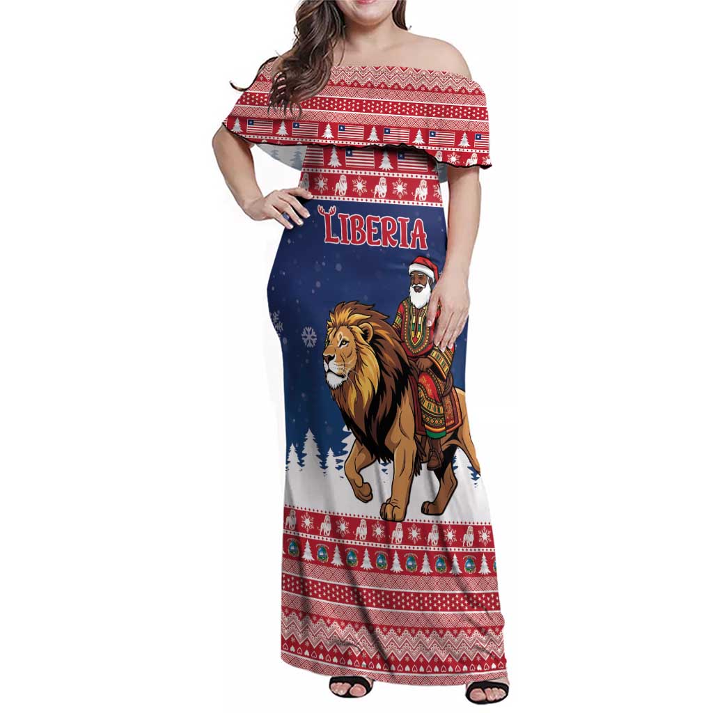 Personalized Liberia Christmas Family Matching Off Shoulder Maxi Dress and Hawaiian Shirt Black Santa Riding Lion - Merry Christmas - Wonder Print Shop