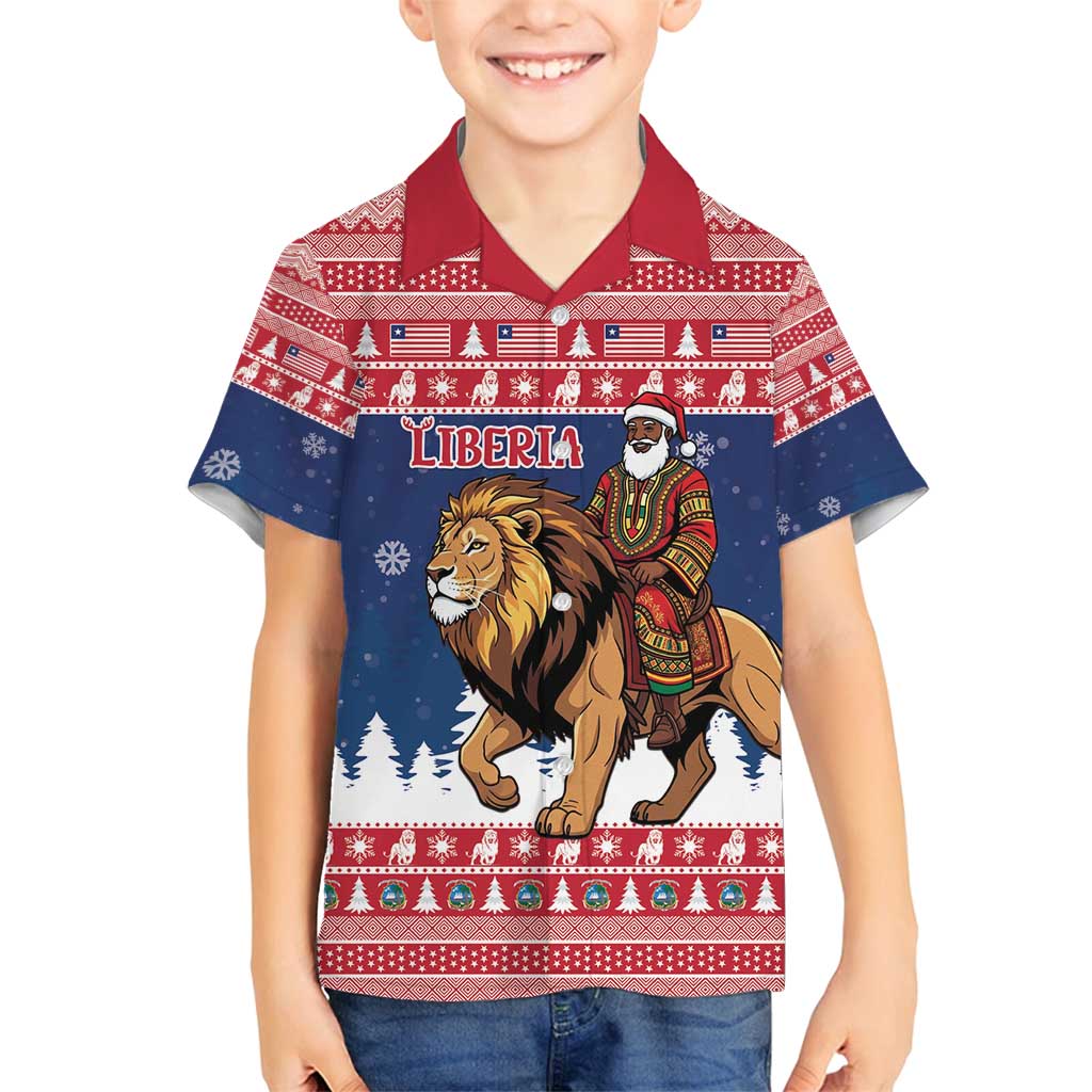 Personalized Liberia Christmas Family Matching Off Shoulder Maxi Dress and Hawaiian Shirt Black Santa Riding Lion - Merry Christmas - Wonder Print Shop