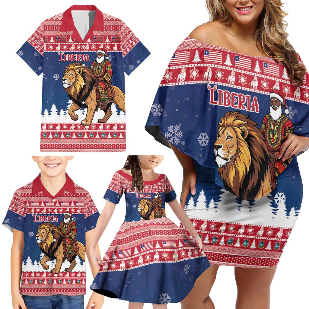 Personalized Liberia Christmas Family Matching Off Shoulder Short Dress and Hawaiian Shirt Black Santa Riding Lion - Merry Christmas - Wonder Print Shop