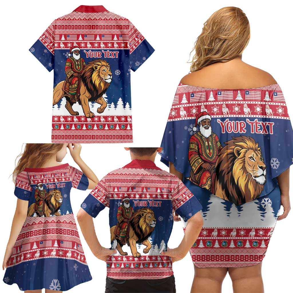 Personalized Liberia Christmas Family Matching Off Shoulder Short Dress and Hawaiian Shirt Black Santa Riding Lion - Merry Christmas - Wonder Print Shop