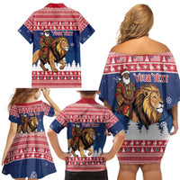 Personalized Liberia Christmas Family Matching Off Shoulder Short Dress and Hawaiian Shirt Black Santa Riding Lion - Merry Christmas - Wonder Print Shop