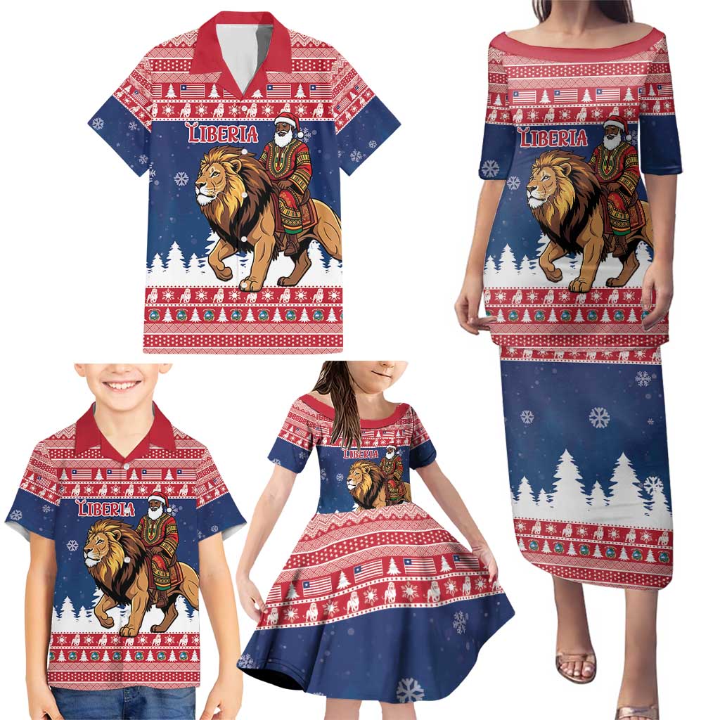 Personalized Liberia Christmas Family Matching Puletasi and Hawaiian Shirt Black Santa Riding Lion - Merry Christmas - Wonder Print Shop
