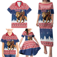 Personalized Liberia Christmas Family Matching Puletasi and Hawaiian Shirt Black Santa Riding Lion - Merry Christmas - Wonder Print Shop