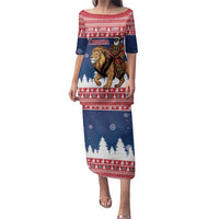 Personalized Liberia Christmas Family Matching Puletasi and Hawaiian Shirt Black Santa Riding Lion - Merry Christmas - Wonder Print Shop