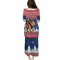 Personalized Liberia Christmas Family Matching Puletasi and Hawaiian Shirt Black Santa Riding Lion - Merry Christmas - Wonder Print Shop