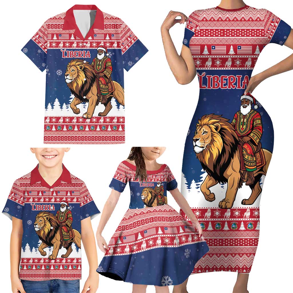 Personalized Liberia Christmas Family Matching Short Sleeve Bodycon Dress and Hawaiian Shirt Black Santa Riding Lion - Merry Christmas - Wonder Print Shop