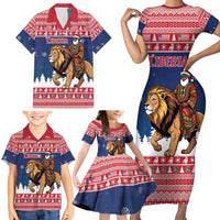 Personalized Liberia Christmas Family Matching Short Sleeve Bodycon Dress and Hawaiian Shirt Black Santa Riding Lion - Merry Christmas - Wonder Print Shop