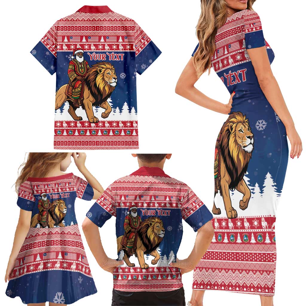 Personalized Liberia Christmas Family Matching Short Sleeve Bodycon Dress and Hawaiian Shirt Black Santa Riding Lion - Merry Christmas - Wonder Print Shop
