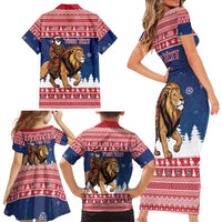 Personalized Liberia Christmas Family Matching Short Sleeve Bodycon Dress and Hawaiian Shirt Black Santa Riding Lion - Merry Christmas - Wonder Print Shop