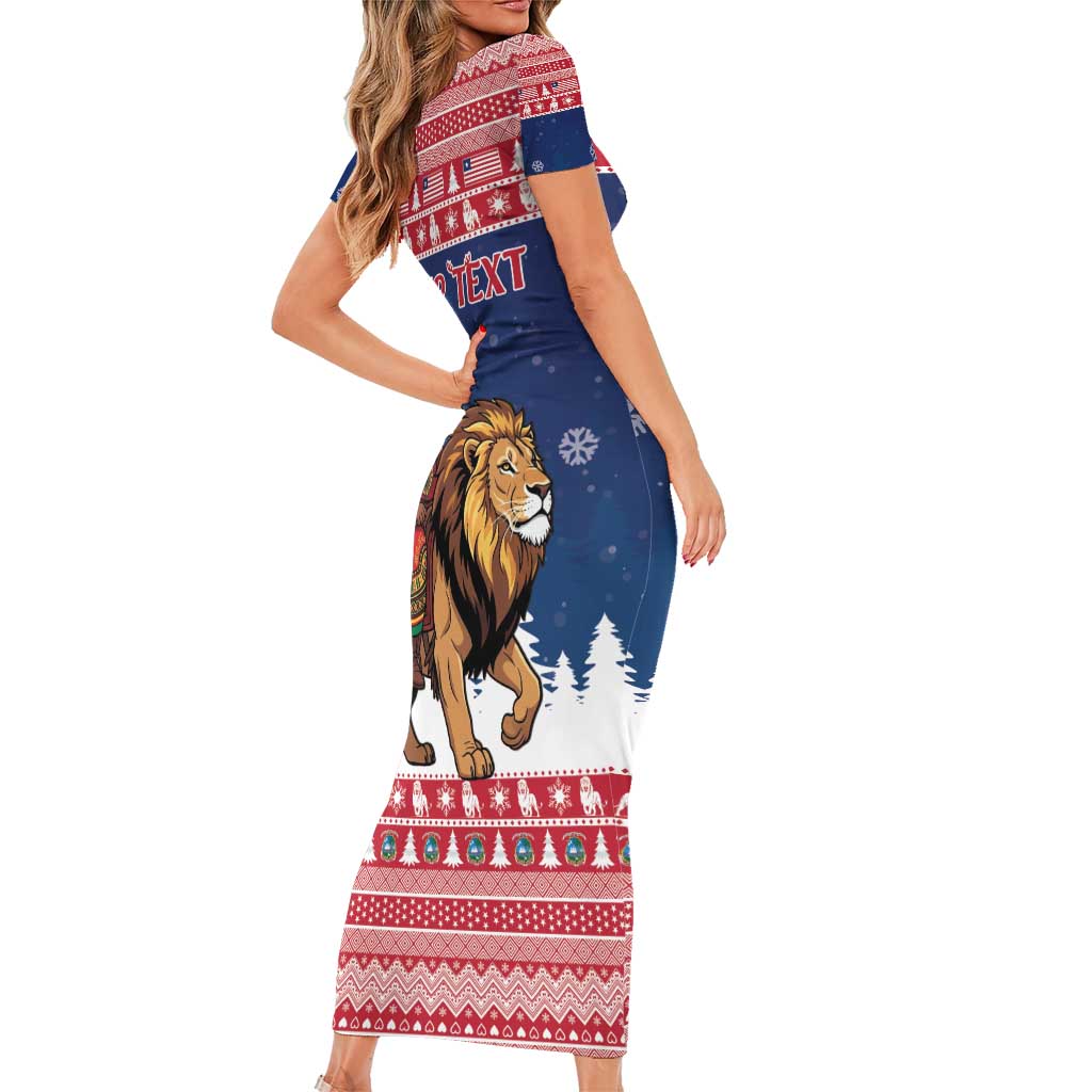 Personalized Liberia Christmas Family Matching Short Sleeve Bodycon Dress and Hawaiian Shirt Black Santa Riding Lion - Merry Christmas - Wonder Print Shop
