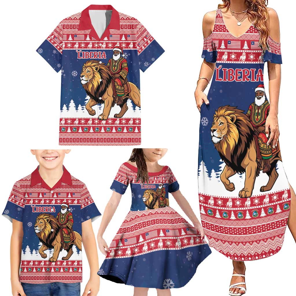 Personalized Liberia Christmas Family Matching Summer Maxi Dress and Hawaiian Shirt Black Santa Riding Lion - Merry Christmas - Wonder Print Shop