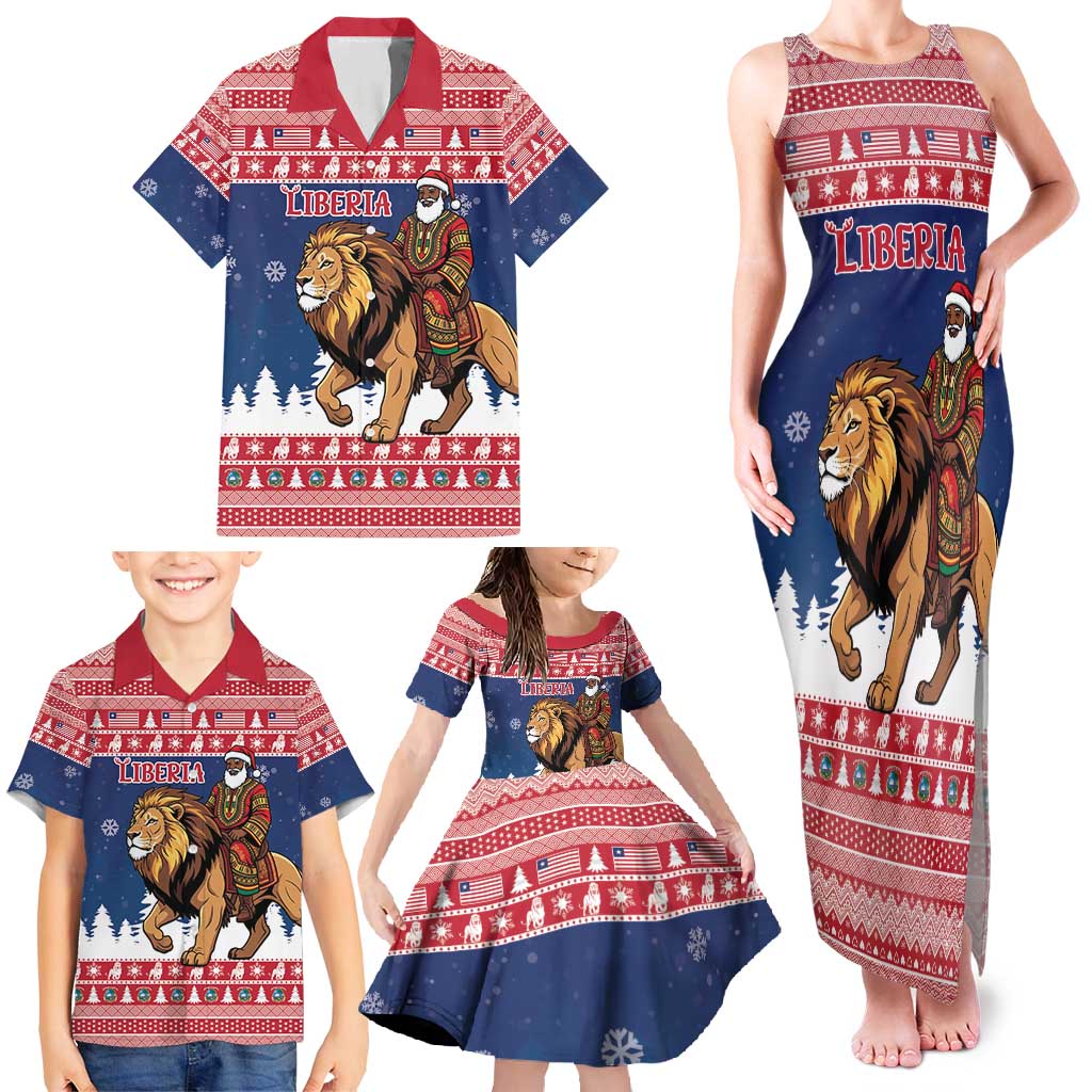 Personalized Liberia Christmas Family Matching Tank Maxi Dress and Hawaiian Shirt Black Santa Riding Lion - Merry Christmas - Wonder Print Shop