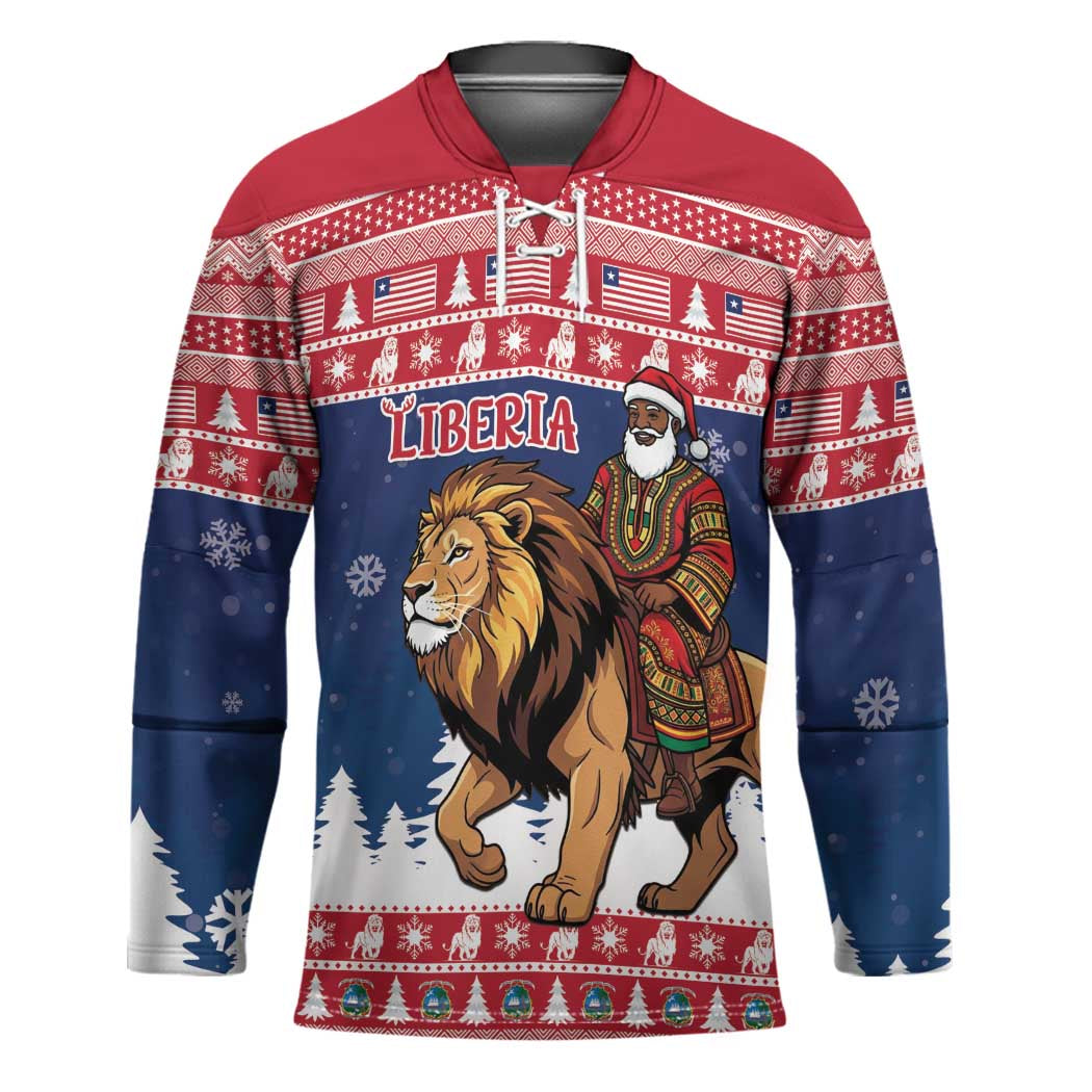 Personalized Liberia Christmas Hockey Jersey Black Santa Riding Lion - Merry Christmas - Wonder Print Shop