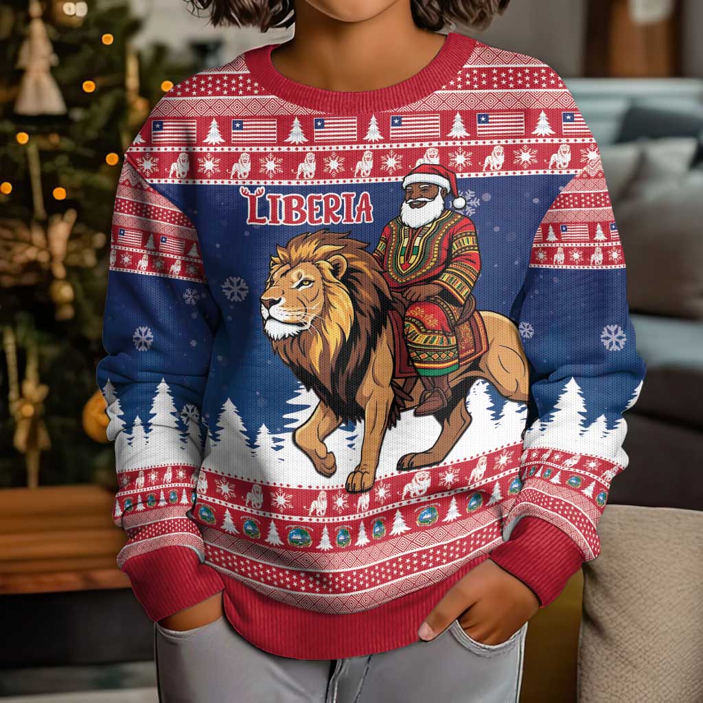Personalized Liberia Christmas Kid Ugly Christmas Sweater Black Santa Riding Lion - Merry Christmas - Wonder Print Shop