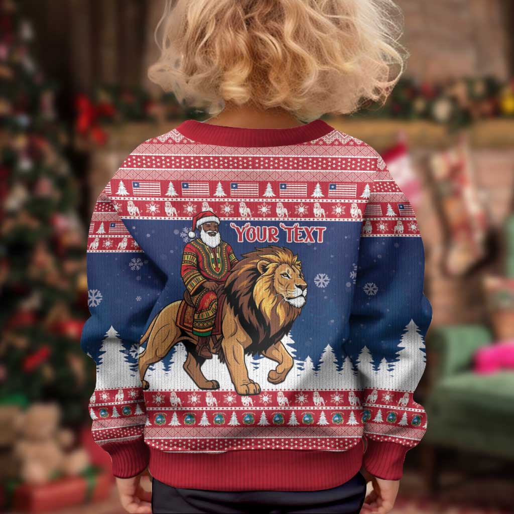 Personalized Liberia Christmas Kid Ugly Christmas Sweater Black Santa Riding Lion - Merry Christmas - Wonder Print Shop
