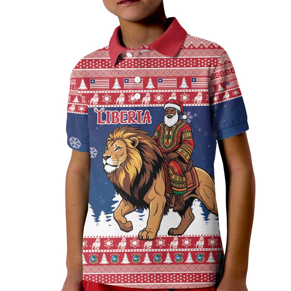 Personalized Liberia Christmas Kid Polo Shirt Black Santa Riding Lion - Merry Christmas - Wonder Print Shop