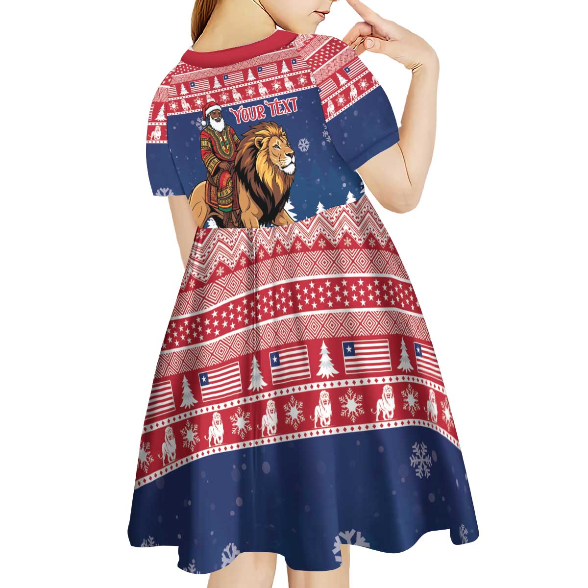Personalized Liberia Christmas Kid Short Sleeve Dress Black Santa Riding Lion - Merry Christmas - Wonder Print Shop